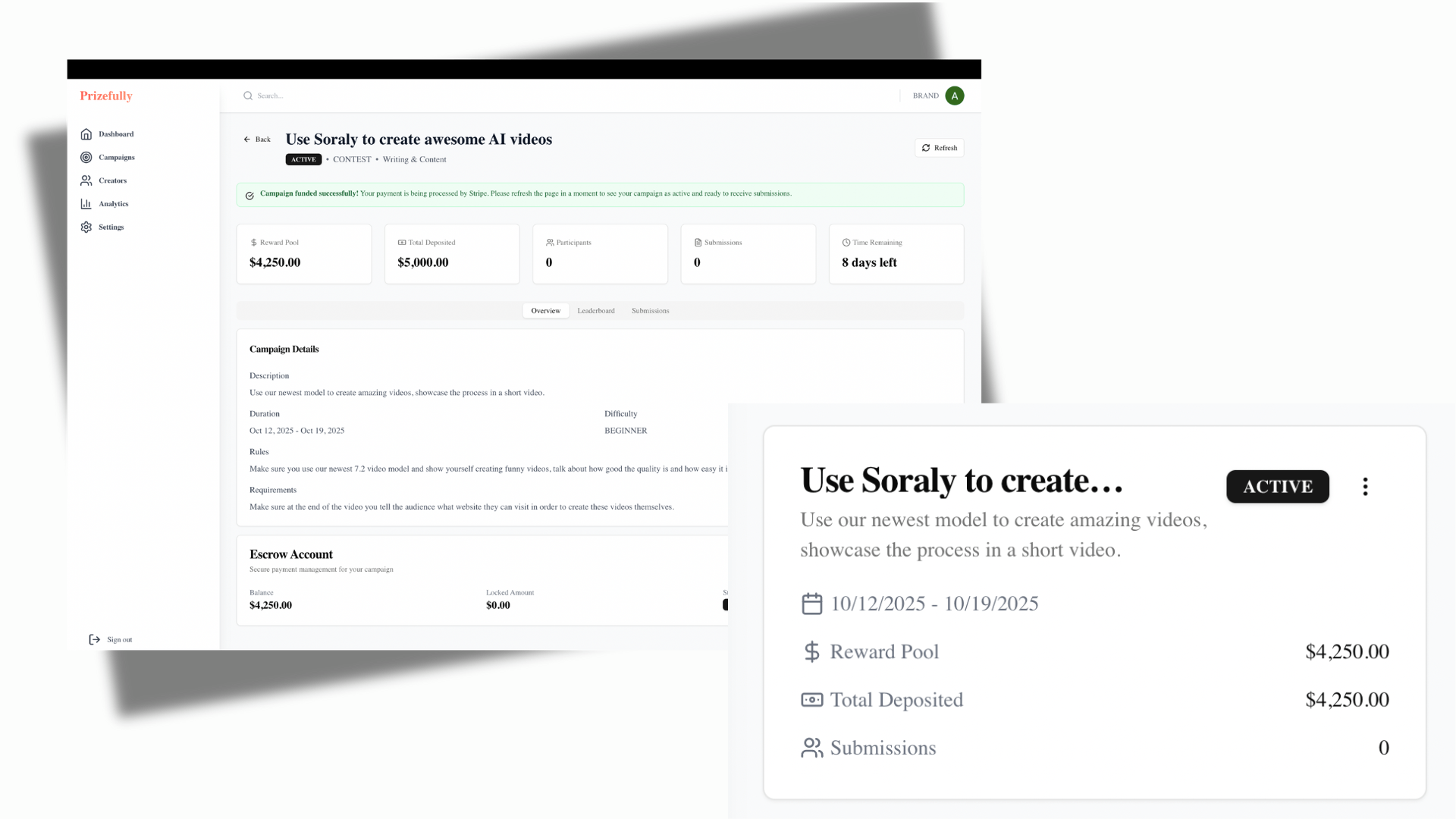 Campaign creation and management interface showing active contest details